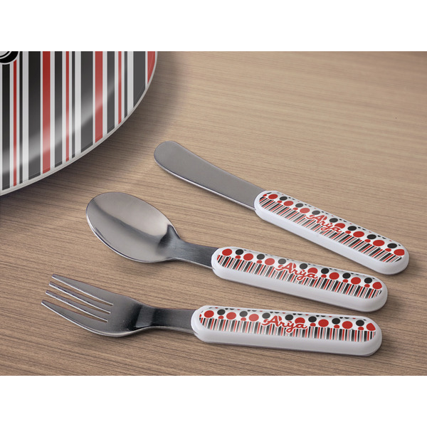Red & Black Dots & Stripes Kids Flatware w/ Plate