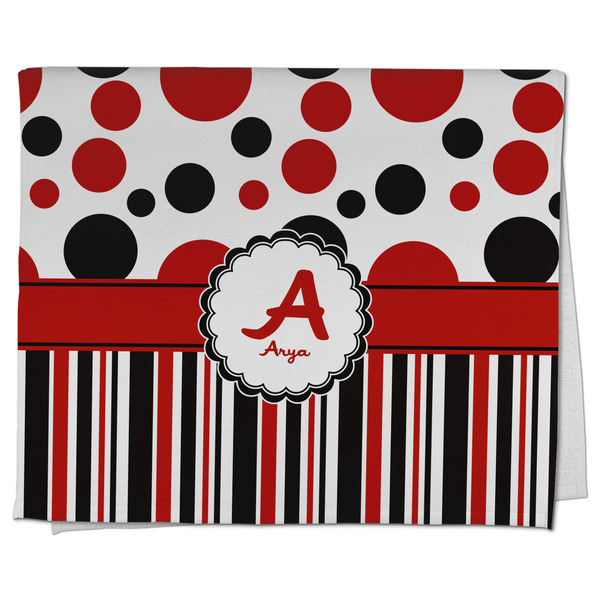 Custom Red & Black Dots & Stripes Kitchen Towel - Poly Cotton w/ Name and Initial