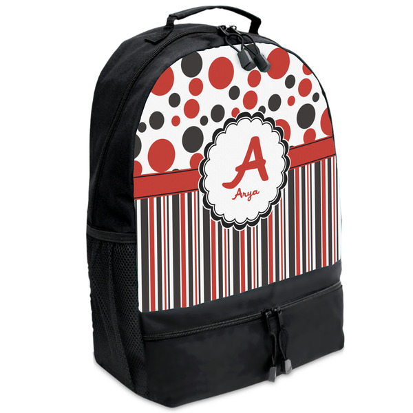Custom Red & Black Dots & Stripes Backpacks - Black (Personalized)