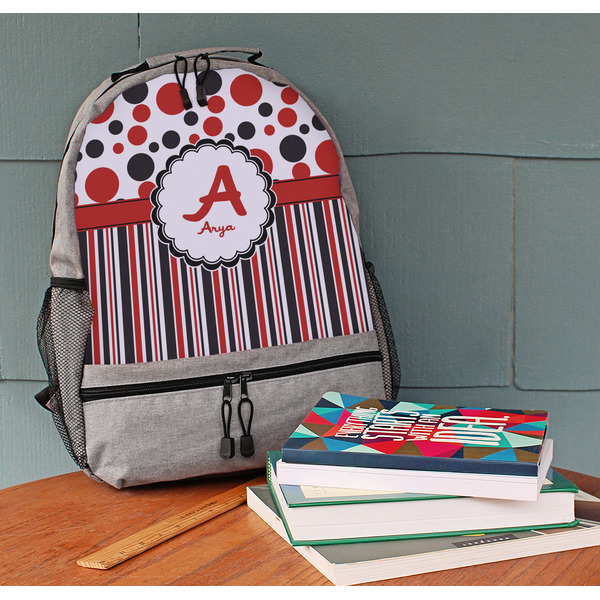 Red & Black Dots & Stripes Large Backpack - Gray - On Desk
