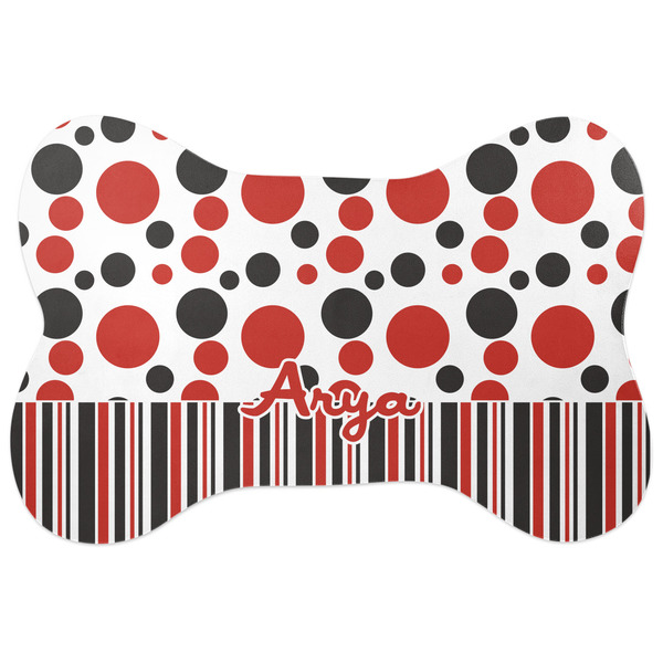 Custom Red & Black Dots & Stripes Bone Shaped Dog Food Mat (Personalized)
