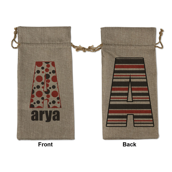 Custom Red & Black Dots & Stripes Large Burlap Gift Bag - Front & Back (Personalized)