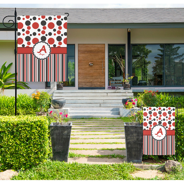 Custom Red & Black Dots & Stripes Large Garden Flag - Double Sided (Personalized)