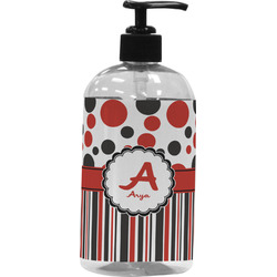 Red & Black Dots & Stripes Plastic Soap / Lotion Dispenser (Personalized)