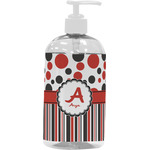 Red & Black Dots & Stripes Plastic Soap / Lotion Dispenser (16 oz - Large - White) (Personalized)