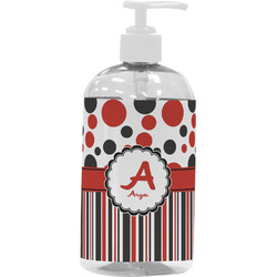 Red & Black Dots & Stripes Plastic Soap / Lotion Dispenser (16 oz - Large - White) (Personalized)