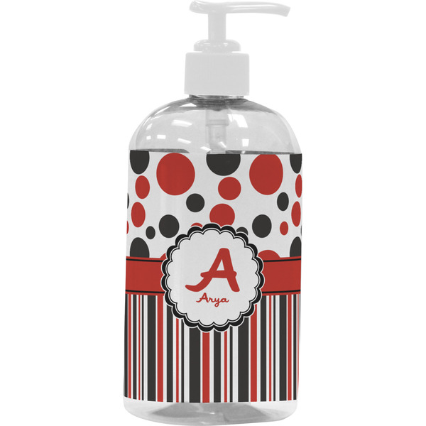 Custom Red & Black Dots & Stripes Plastic Soap / Lotion Dispenser (16 oz - Large - White) (Personalized)