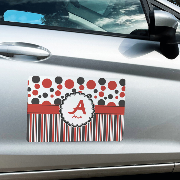 Red & Black Dots & Stripes Large Rectangle Car Magnets- In Context