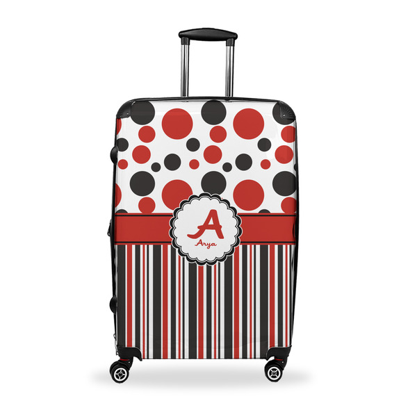 Custom Red & Black Dots & Stripes Suitcase - 28" Large - Checked w/ Name and Initial