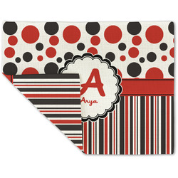 Red & Black Dots & Stripes Double-Sided Linen Placemat - Single w/ Name and Initial