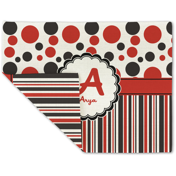 Custom Red & Black Dots & Stripes Double-Sided Linen Placemat - Single w/ Name and Initial