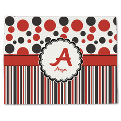 Red & Black Dots & Stripes Single-Sided Linen Placemat - Single w/ Name and Initial