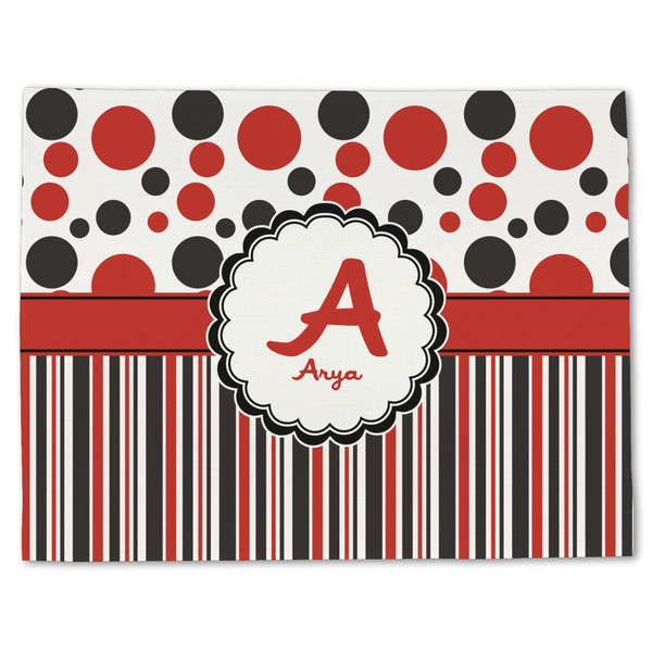 Custom Red & Black Dots & Stripes Single-Sided Linen Placemat - Single w/ Name and Initial