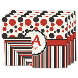 Red & Black Dots & Stripes Double-Sided Linen Placemat - Set of 4 w/ Name and Initial