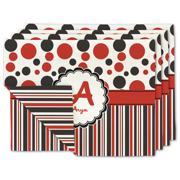 Custom Red & Black Dots & Stripes Linen Placemat w/ Name and Initial
