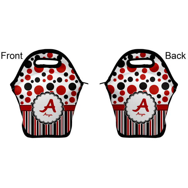 Red & Black Dots & Stripes Lunch Bag - Front and Back