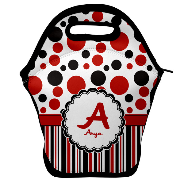 Custom Red & Black Dots & Stripes Lunch Bag w/ Name and Initial