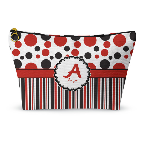 Custom Red & Black Dots & Stripes Makeup Bag - Large - 12.5"x7" (Personalized)
