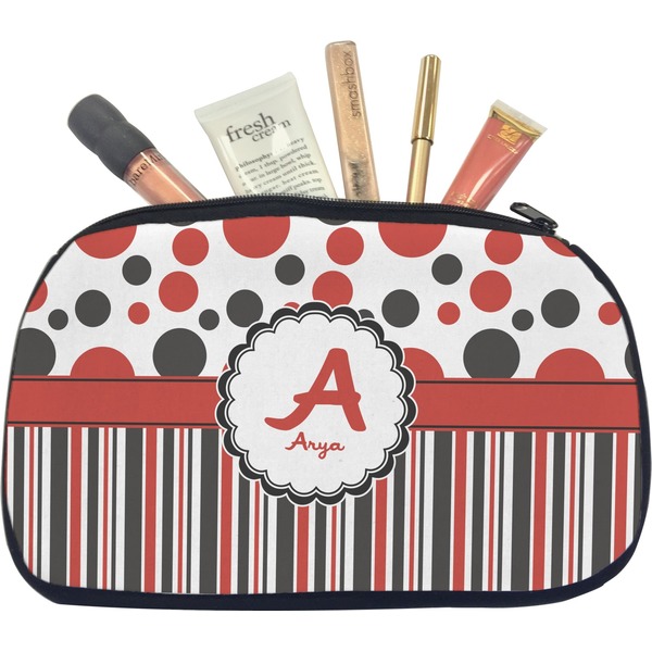 Custom Red & Black Dots & Stripes Makeup / Cosmetic Bag - Medium (Personalized)
