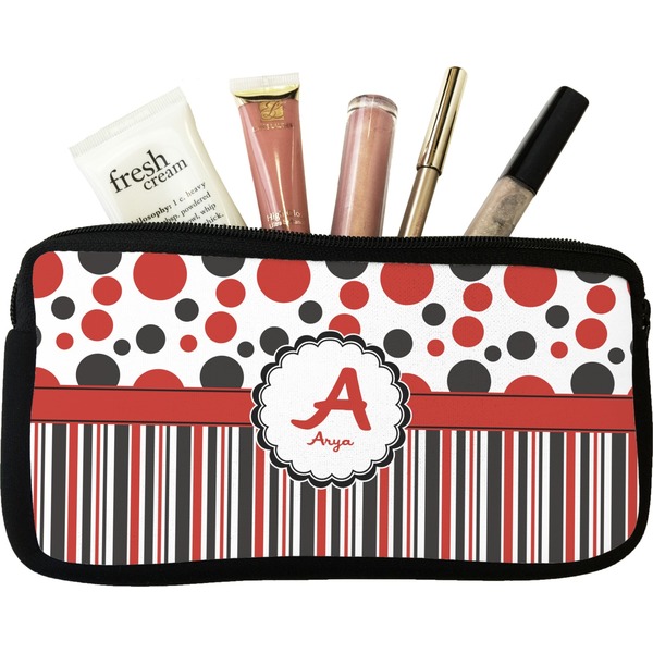 Custom Red & Black Dots & Stripes Makeup / Cosmetic Bag - Small (Personalized)