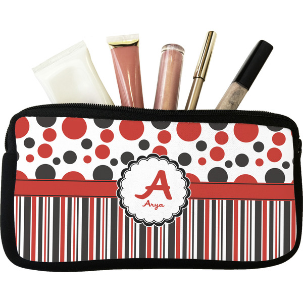 Custom Red & Black Dots & Stripes Makeup / Cosmetic Bag - Small (Personalized)