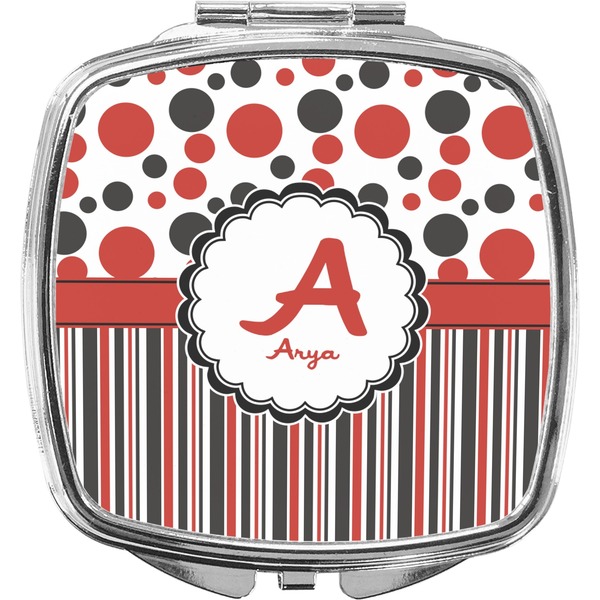 Custom Red & Black Dots & Stripes Compact Makeup Mirror (Personalized)