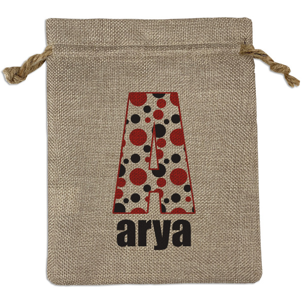 Custom Red & Black Dots & Stripes Medium Burlap Gift Bag - Front (Personalized)