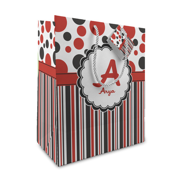 Custom Red & Black Dots & Stripes Medium Gift Bag (Personalized)