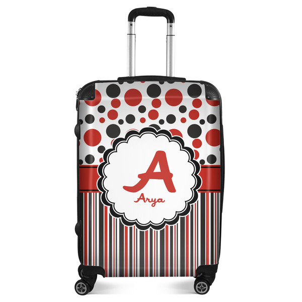 Custom Red & Black Dots & Stripes Suitcase - 24" Medium - Checked (Personalized)