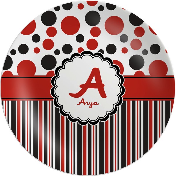 Custom Red & Black Dots & Stripes Melamine Plate (Personalized)