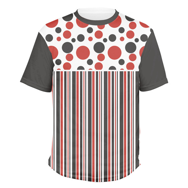 Custom Red & Black Dots & Stripes Men's Crew T-Shirt - Large