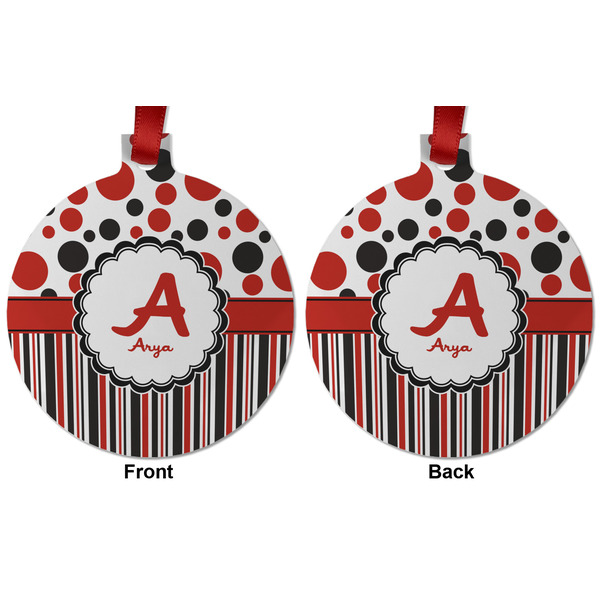 Red & Black Dots & Stripes Metal Ball Ornament - Front and Back