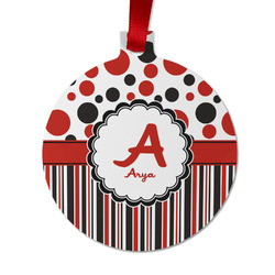 Red & Black Dots & Stripes Metal Ball Ornament - Double Sided w/ Name and Initial