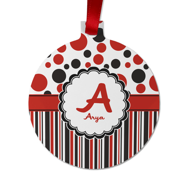 Custom Red & Black Dots & Stripes Metal Ball Ornament - Double Sided w/ Name and Initial