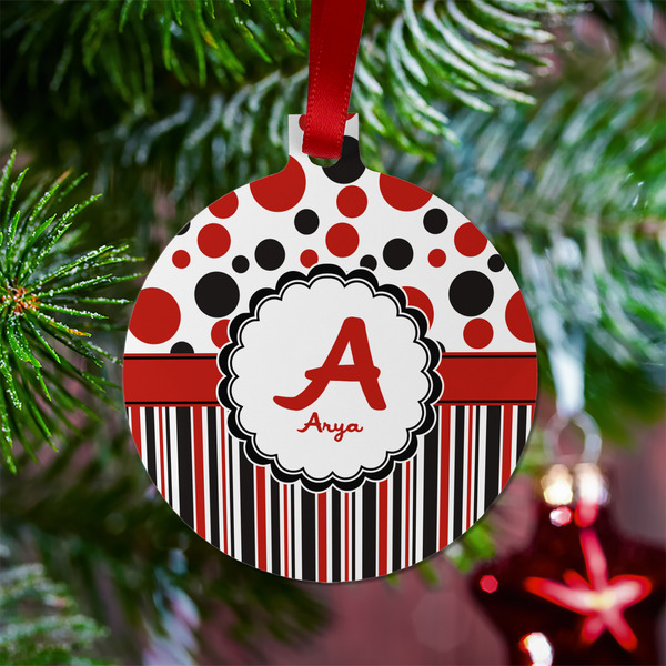 Red & Black Dots & Stripes Metal Ball Ornament - Lifestyle