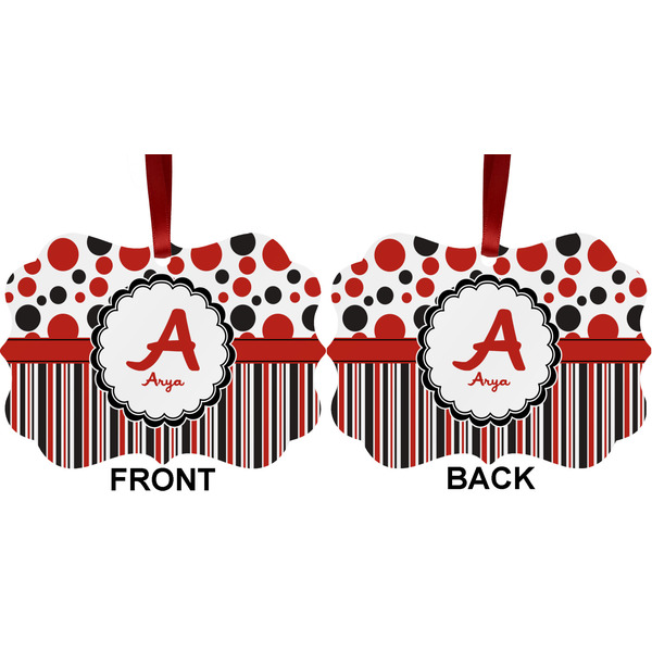 Red & Black Dots & Stripes Metal Benilux Ornament - Front and Back (APPROVAL)