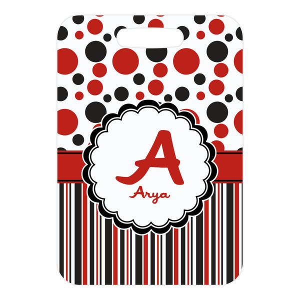 Red & Black Dots & Stripes Metal Luggage Tag - Front Without Strap