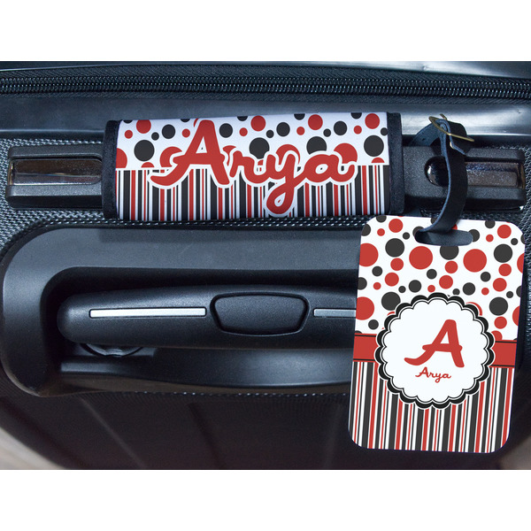 Red & Black Dots & Stripes Metal Luggage Tag & Handle Wrap - In Context