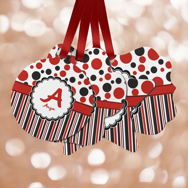 Custom Red & Black Dots & Stripes Metal Ornaments - Double Sided w/ Name and Initial