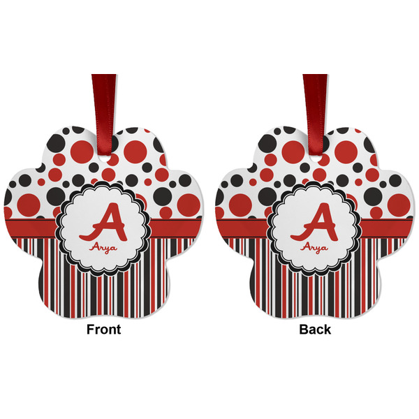 Red & Black Dots & Stripes Metal Paw Ornament - Front and Back