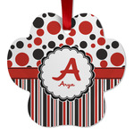 Red & Black Dots & Stripes Metal Paw Ornament - Double Sided w/ Name and Initial