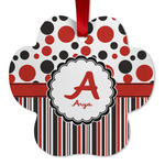 Red & Black Dots & Stripes Metal Paw Ornament - Double Sided w/ Name and Initial