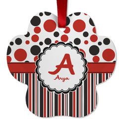 Red & Black Dots & Stripes Metal Paw Ornament - Double Sided w/ Name and Initial