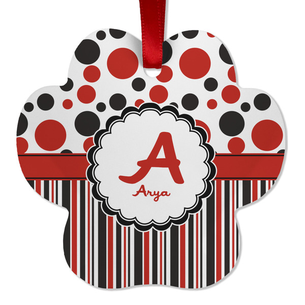 Custom Red & Black Dots & Stripes Metal Paw Ornament - Double Sided w/ Name and Initial