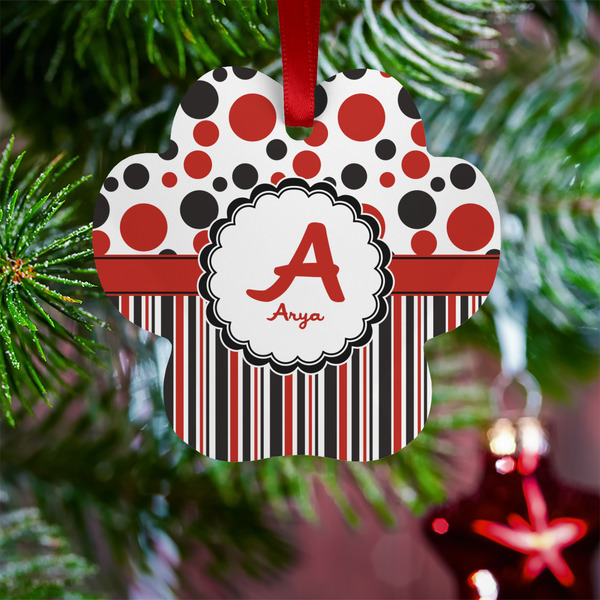 Red & Black Dots & Stripes Metal Paw Ornament - Lifestyle