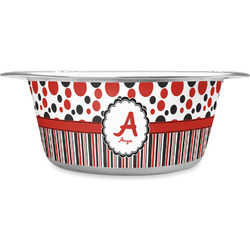 Red & Black Dots & Stripes Stainless Steel Dog Bowl - Large (Personalized)