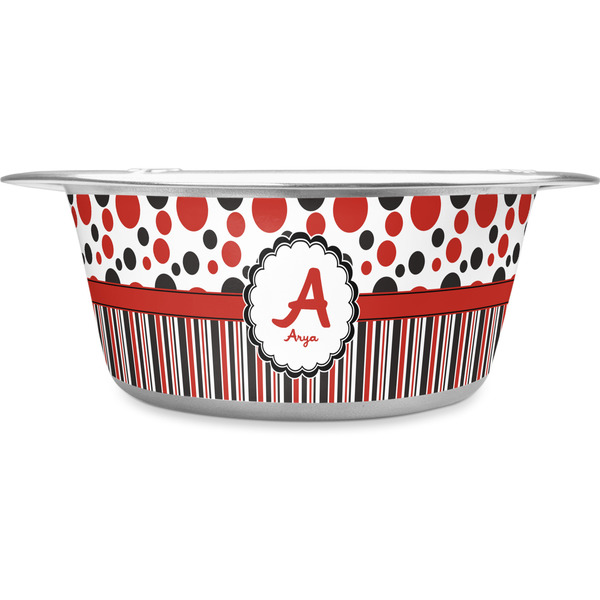 Custom Red & Black Dots & Stripes Stainless Steel Dog Bowl - Medium (Personalized)