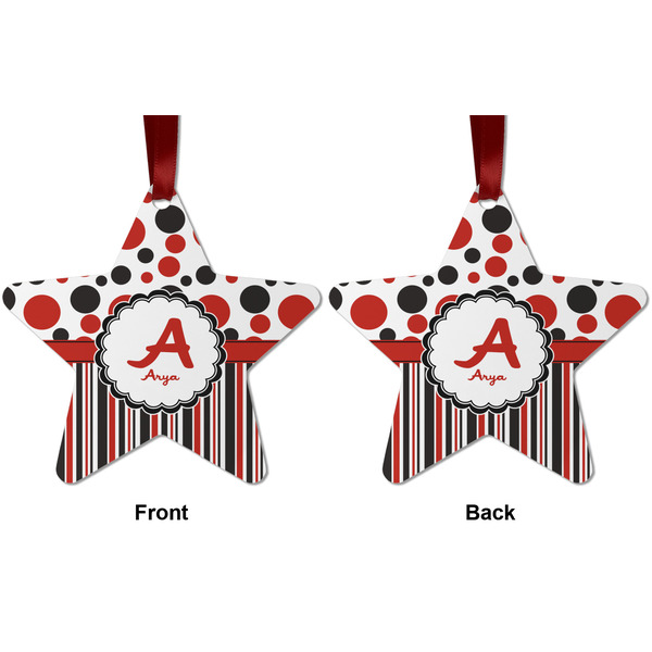 Red & Black Dots & Stripes Metal Star Ornament - Front and Back