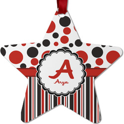 Red & Black Dots & Stripes Metal Star Ornament - Double Sided w/ Name and Initial
