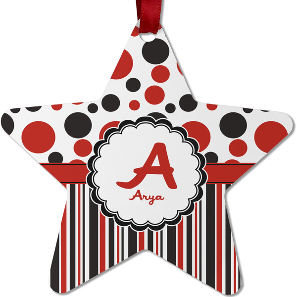 Custom Red & Black Dots & Stripes Metal Star Ornament - Double Sided w/ Name and Initial